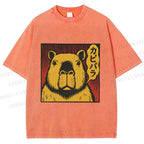Unisex Japanese Vintage Capybara Printed Washed Tee