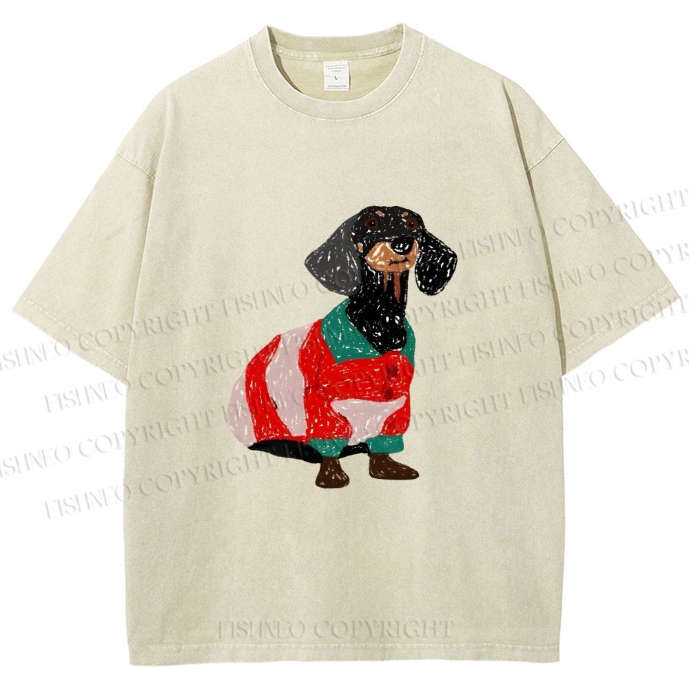 Unisex Dachshund Dog in Sweater Printed Washed Tee