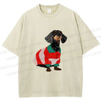 Unisex Dachshund Dog in Sweater Printed Washed Tee