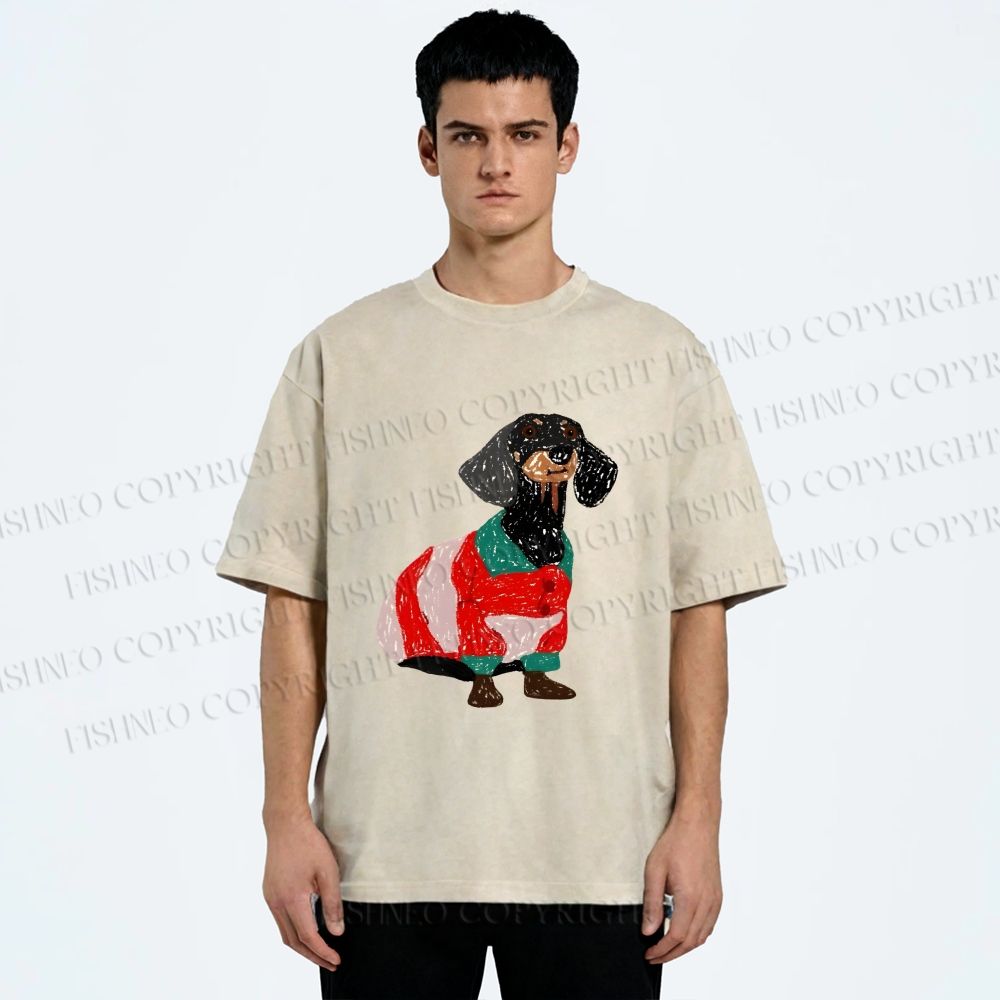 Unisex Dachshund Dog in Sweater Printed Washed Tee