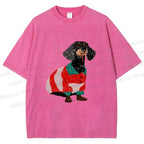 Unisex Dachshund Dog in Sweater Printed Washed Tee