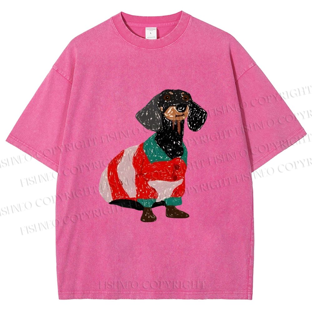Unisex Dachshund Dog in Sweater Printed Washed Tee