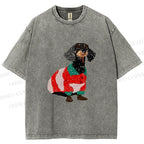 Unisex Dachshund Dog in Sweater Printed Washed Tee