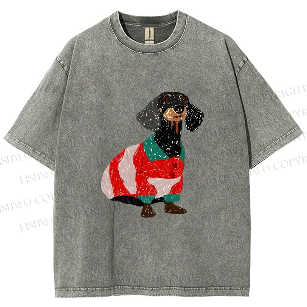 Unisex Dachshund Dog in Sweater Printed Washed Tee