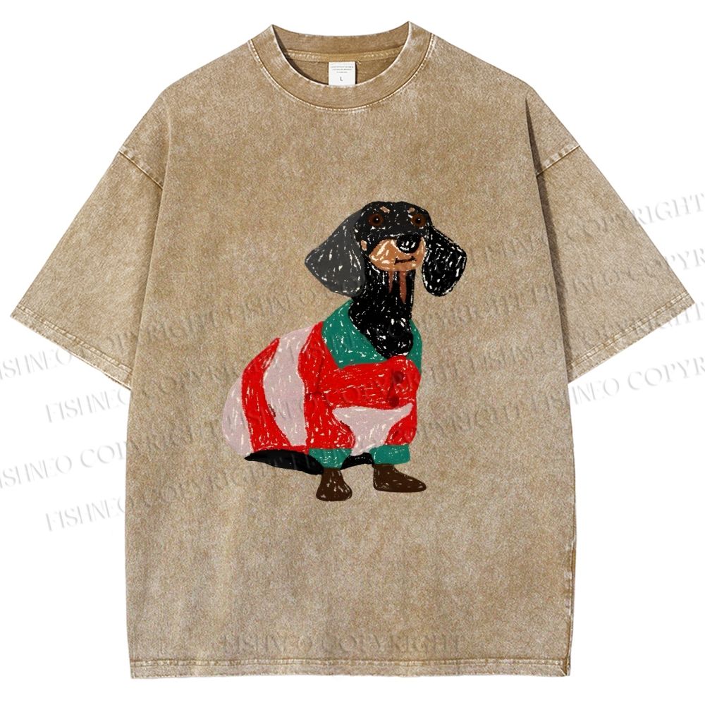 Unisex Dachshund Dog in Sweater Printed Washed Tee