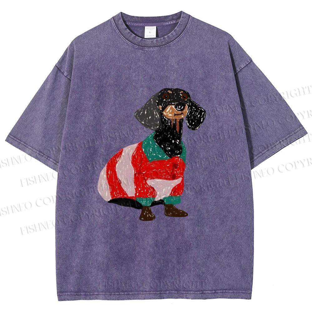 Unisex Dachshund Dog in Sweater Printed Washed Tee