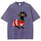 Unisex Dachshund Dog in Sweater Printed Washed Tee