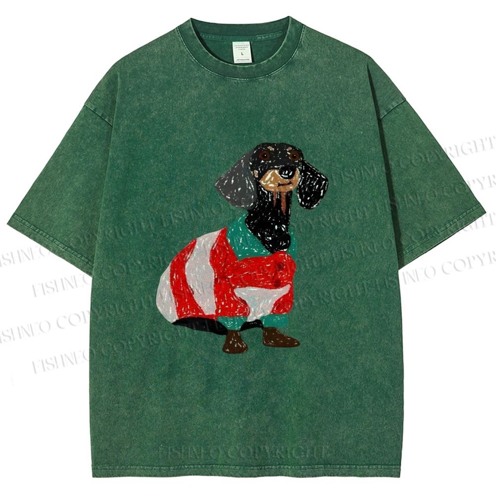 Unisex Dachshund Dog in Sweater Printed Washed Tee