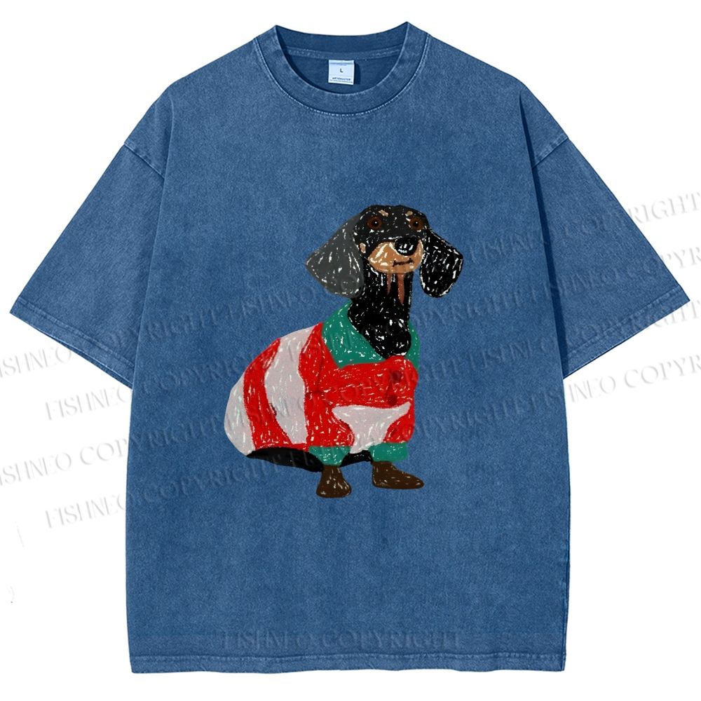 Unisex Dachshund Dog in Sweater Printed Washed Tee