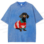 Unisex Dachshund Dog in Sweater Printed Washed Tee