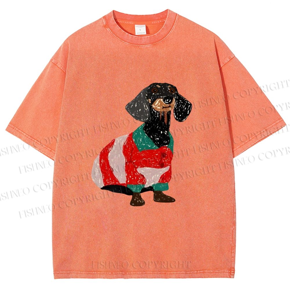 Unisex Dachshund Dog in Sweater Printed Washed Tee
