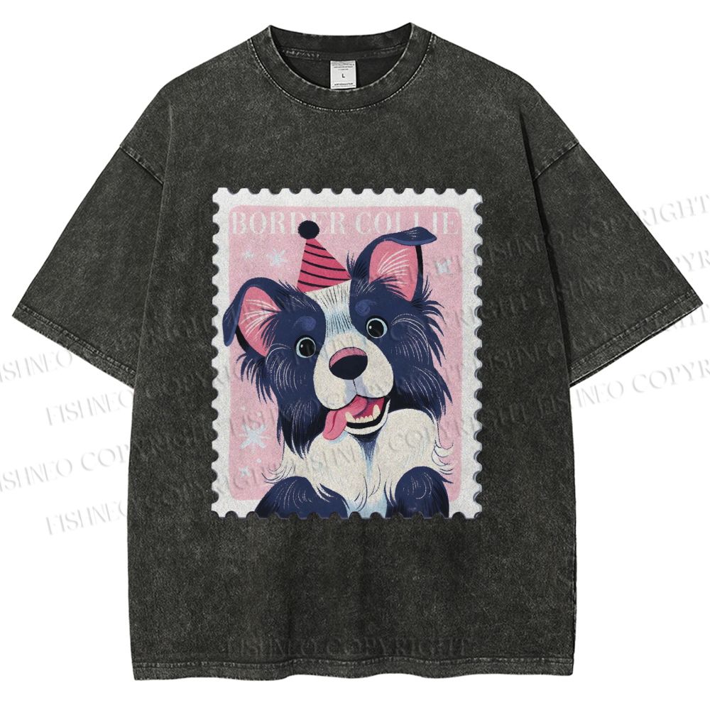 Unisex Border Collie Doggy Stamp Printed Washed Tee