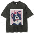 Unisex Border Collie Doggy Stamp Printed Washed Tee