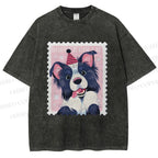Unisex Border Collie Doggy Stamp Printed Washed Tee