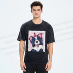 Unisex Border Collie Doggy Stamp Printed Washed Tee
