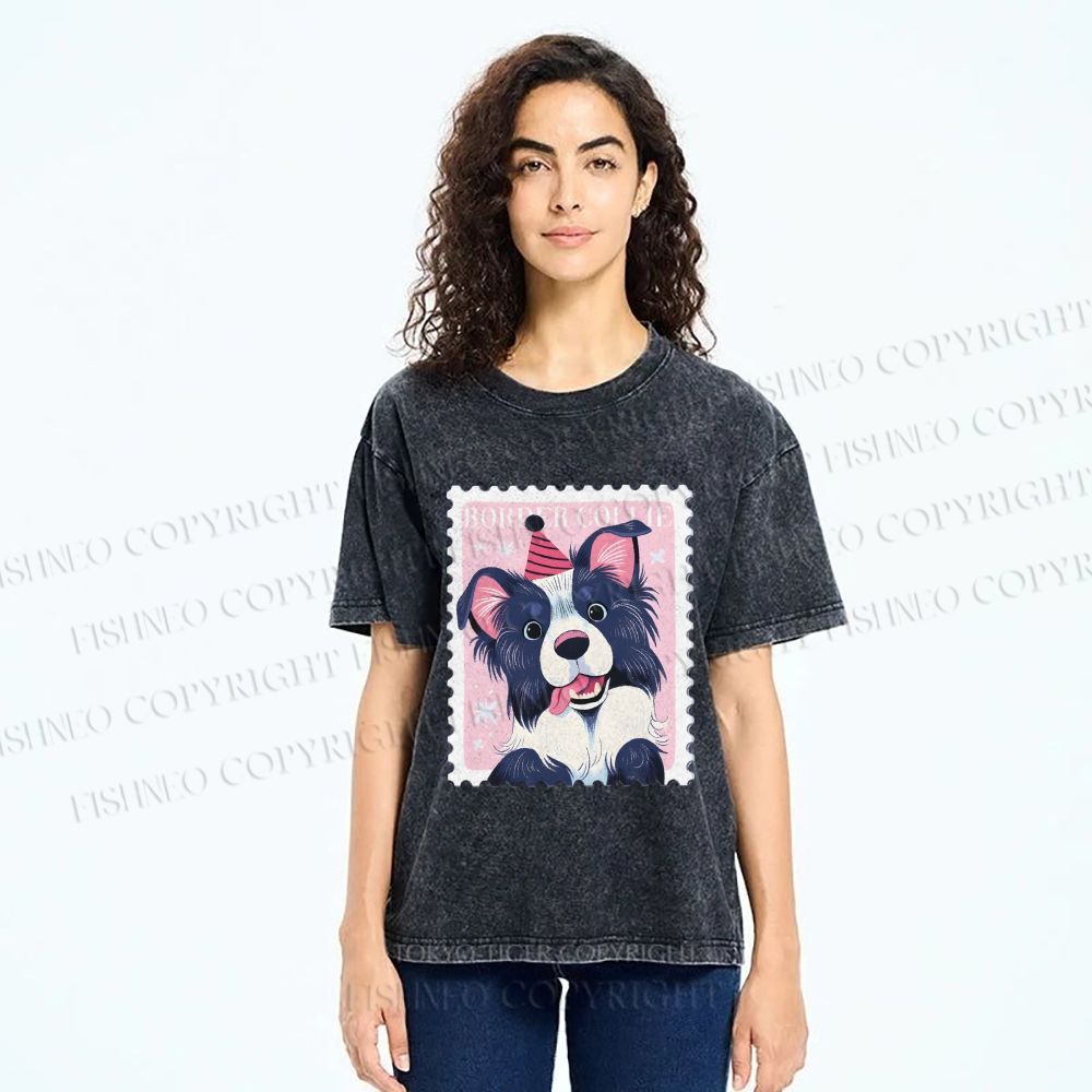 Unisex Border Collie Doggy Stamp Printed Washed Tee