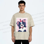 Unisex Border Collie Doggy Stamp Printed Washed Tee