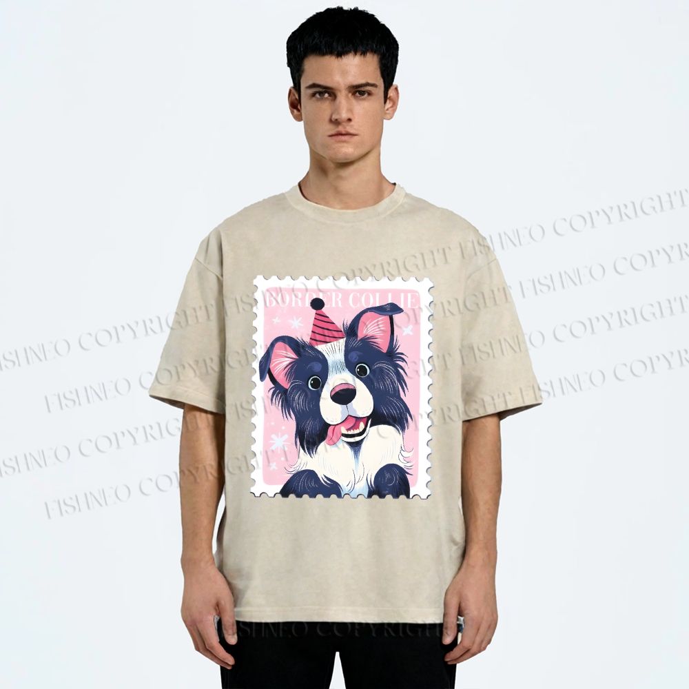 Unisex Border Collie Doggy Stamp Printed Washed Tee