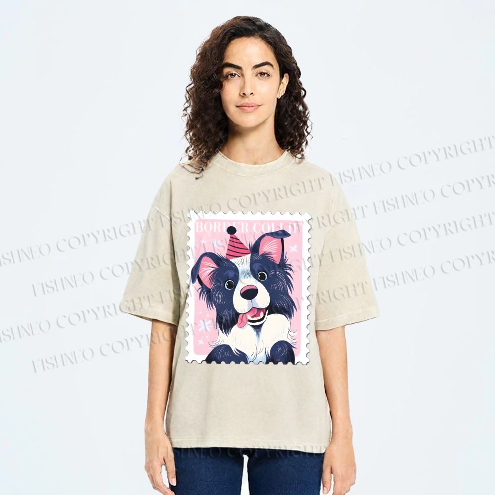 Unisex Border Collie Doggy Stamp Printed Washed Tee