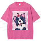 Unisex Border Collie Doggy Stamp Printed Washed Tee