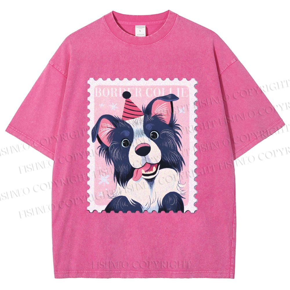 Unisex Border Collie Doggy Stamp Printed Washed Tee