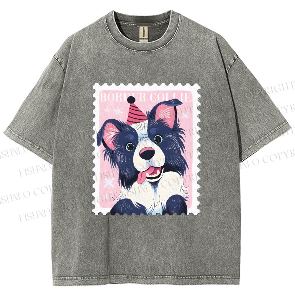 Unisex Border Collie Doggy Stamp Printed Washed Tee