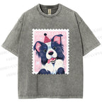 Unisex Border Collie Doggy Stamp Printed Washed Tee