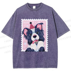 Unisex Border Collie Doggy Stamp Printed Washed Tee