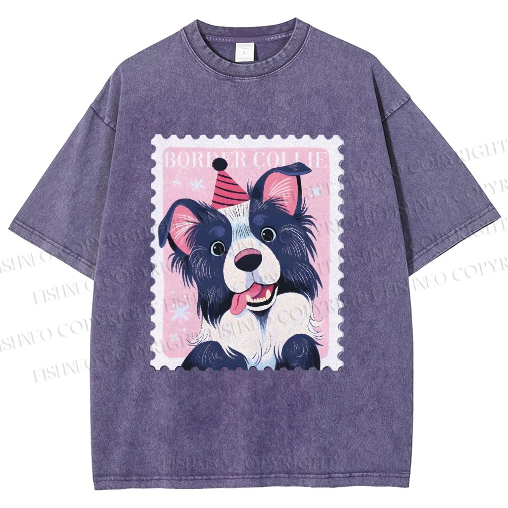 Unisex Border Collie Doggy Stamp Printed Washed Tee