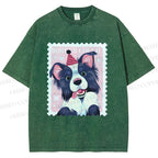 Unisex Border Collie Doggy Stamp Printed Washed Tee