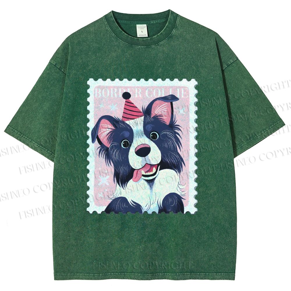 Unisex Border Collie Doggy Stamp Printed Washed Tee