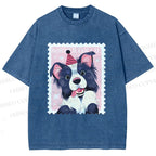 Unisex Border Collie Doggy Stamp Printed Washed Tee