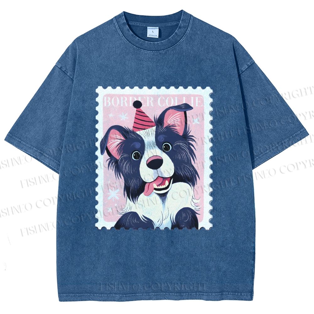 Unisex Border Collie Doggy Stamp Printed Washed Tee