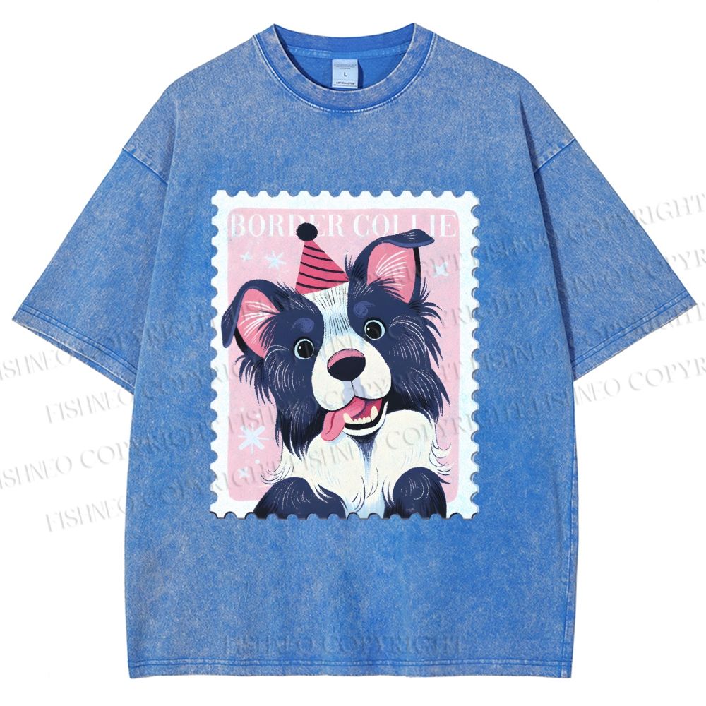 Unisex Border Collie Doggy Stamp Printed Washed Tee