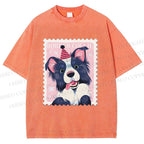 Unisex Border Collie Doggy Stamp Printed Washed Tee