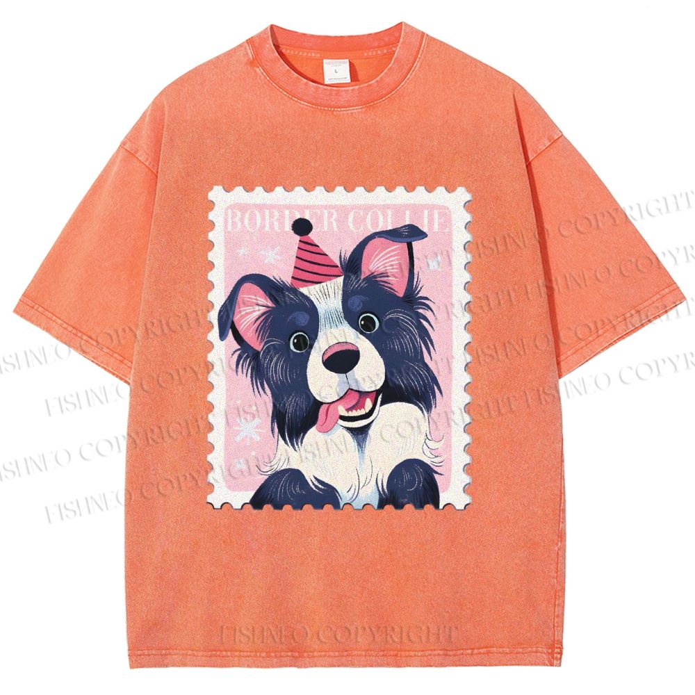 Unisex Border Collie Doggy Stamp Printed Washed Tee