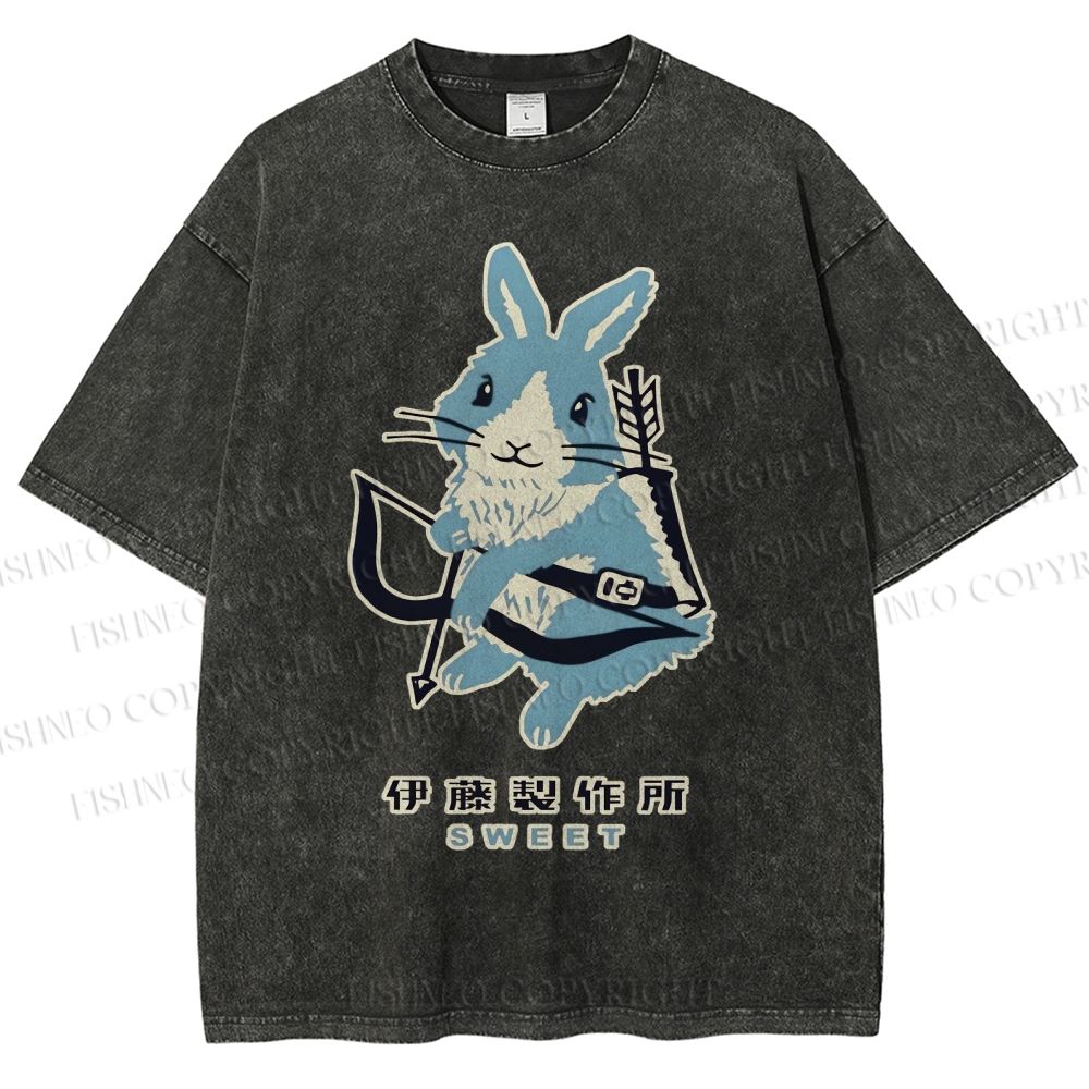 Unisex Japanese Rabbit Playing Bow and Arrow Printed Washed Tee