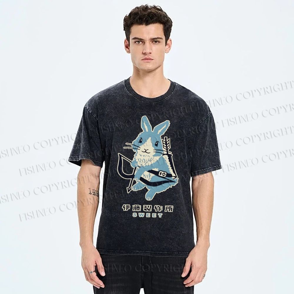 Unisex Japanese Rabbit Playing Bow and Arrow Printed Washed Tee