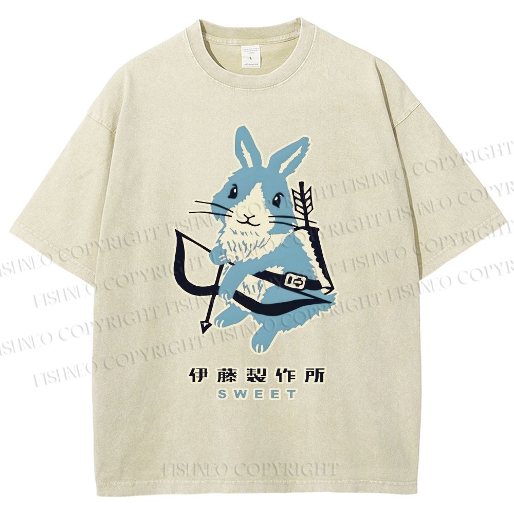 Unisex Japanese Rabbit Playing Bow and Arrow Printed Washed Tee