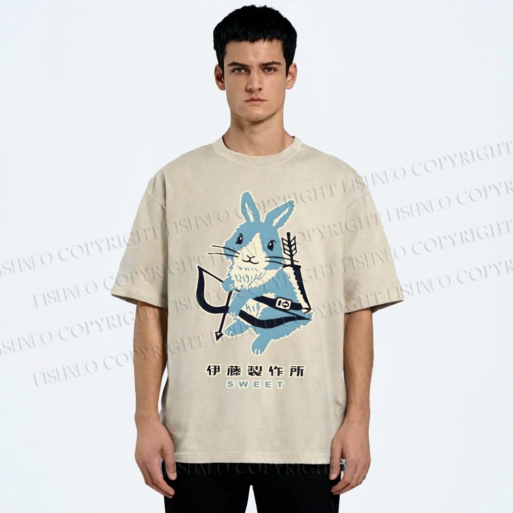 Unisex Japanese Rabbit Playing Bow and Arrow Printed Washed Tee
