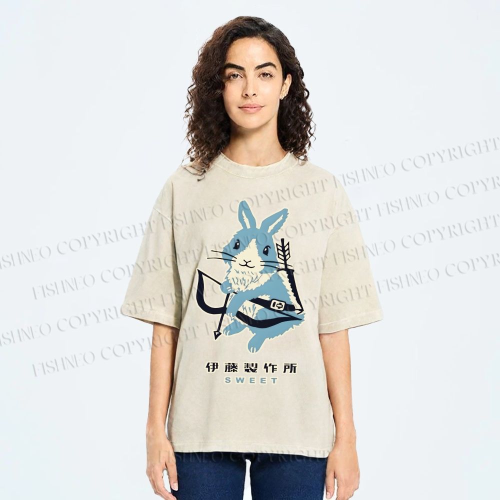 Unisex Japanese Rabbit Playing Bow and Arrow Printed Washed Tee