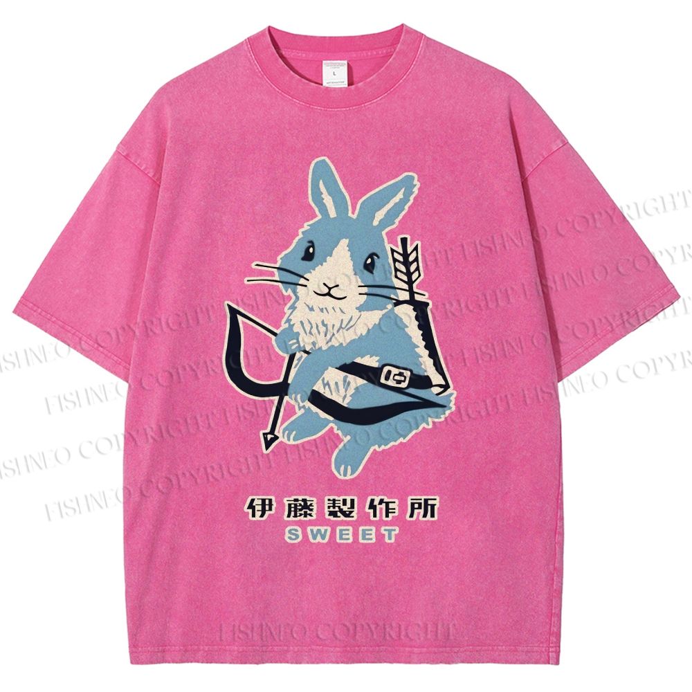Unisex Japanese Rabbit Playing Bow and Arrow Printed Washed Tee