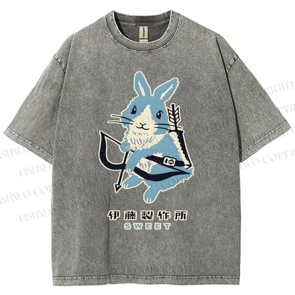 Unisex Japanese Rabbit Playing Bow and Arrow Printed Washed Tee