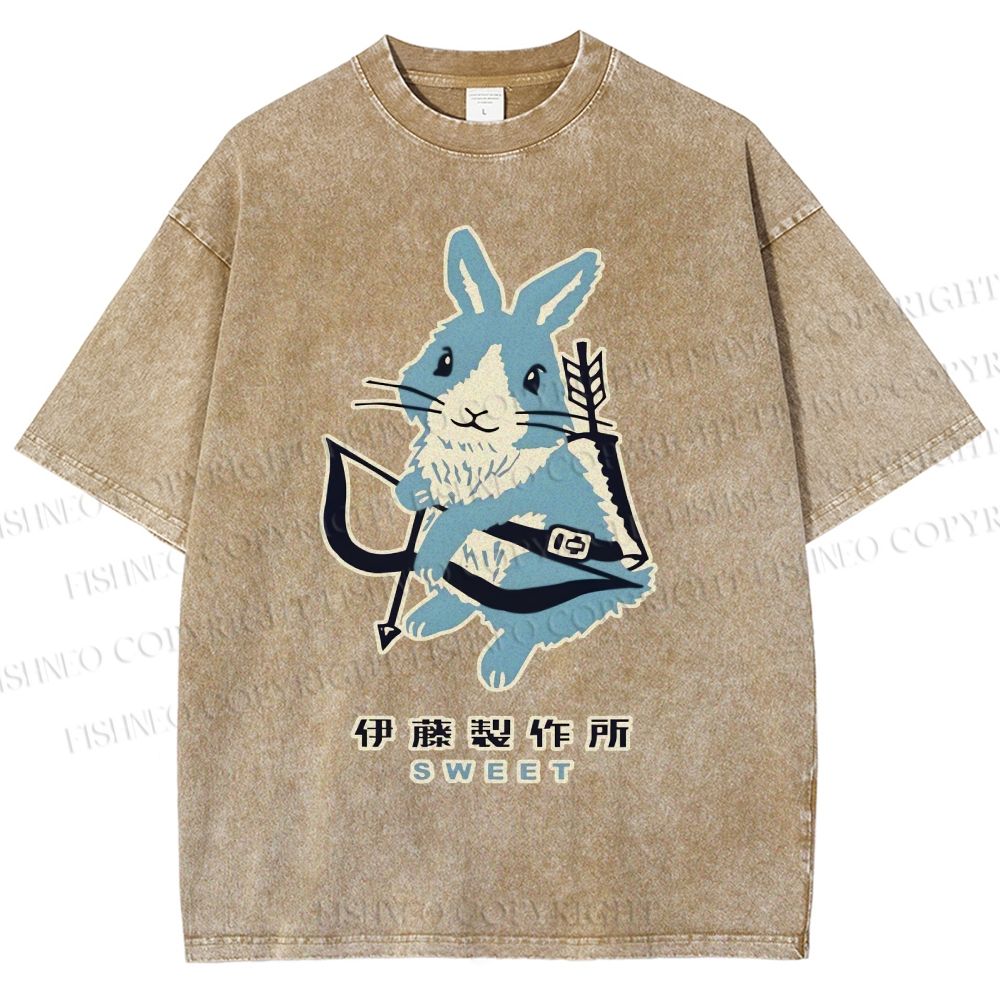 Unisex Japanese Rabbit Playing Bow and Arrow Printed Washed Tee