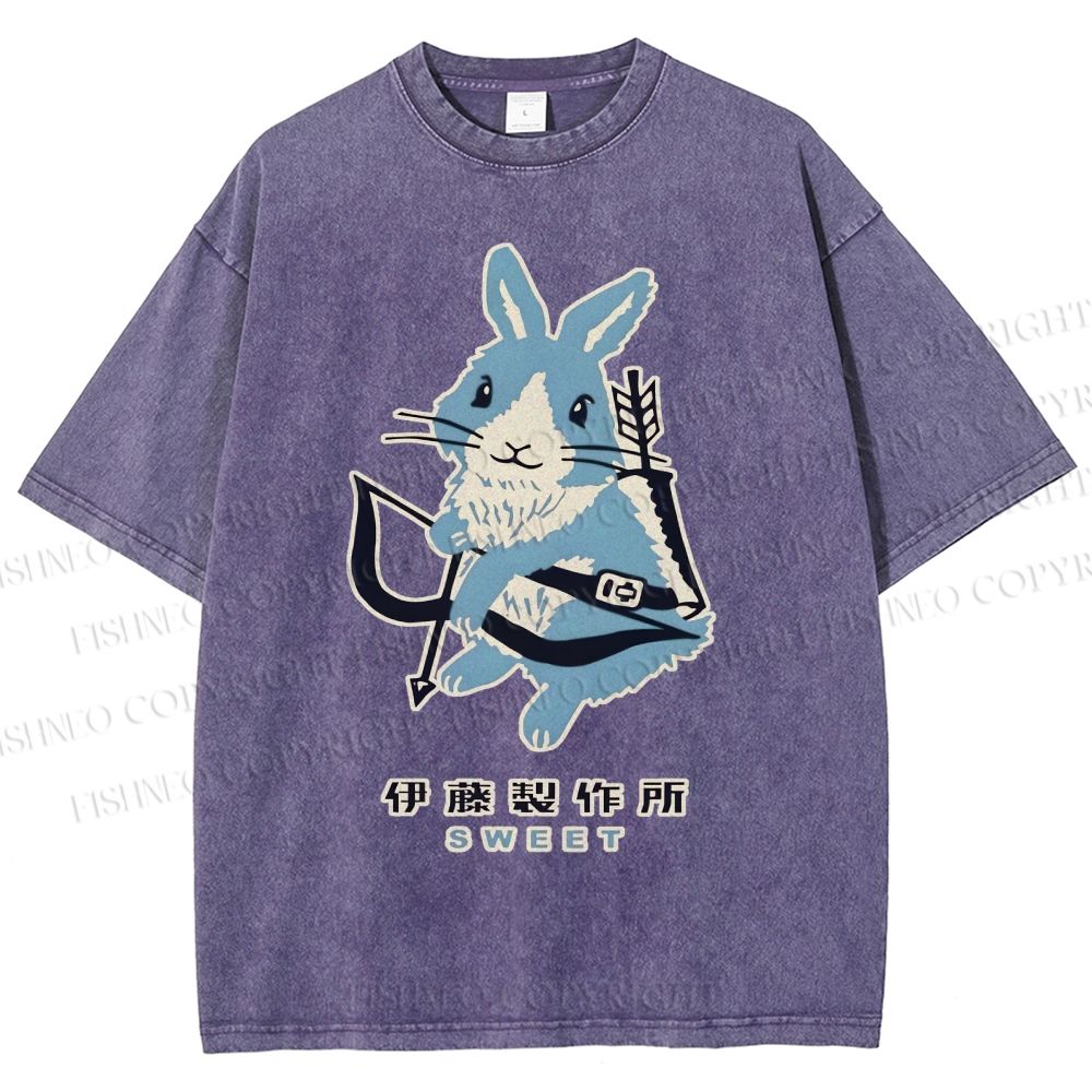 Unisex Japanese Rabbit Playing Bow and Arrow Printed Washed Tee
