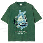 Unisex Japanese Rabbit Playing Bow and Arrow Printed Washed Tee