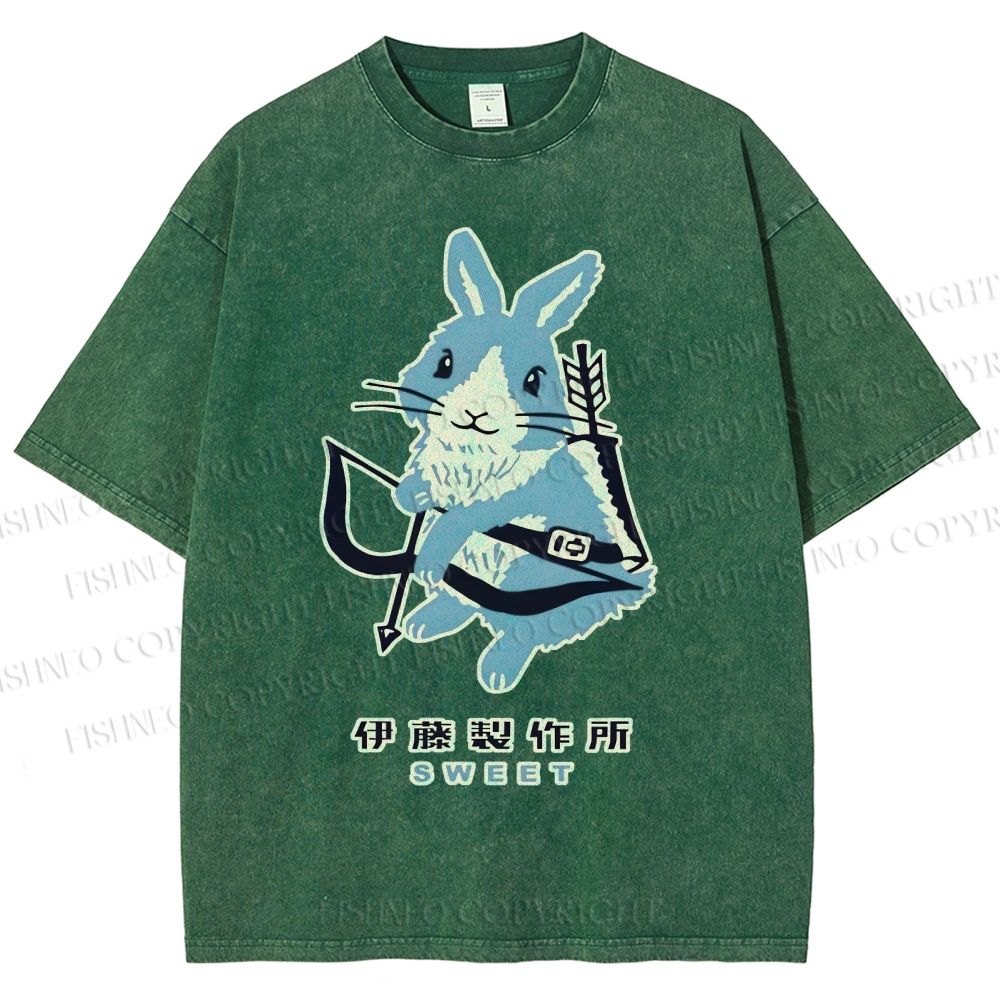 Unisex Japanese Rabbit Playing Bow and Arrow Printed Washed Tee