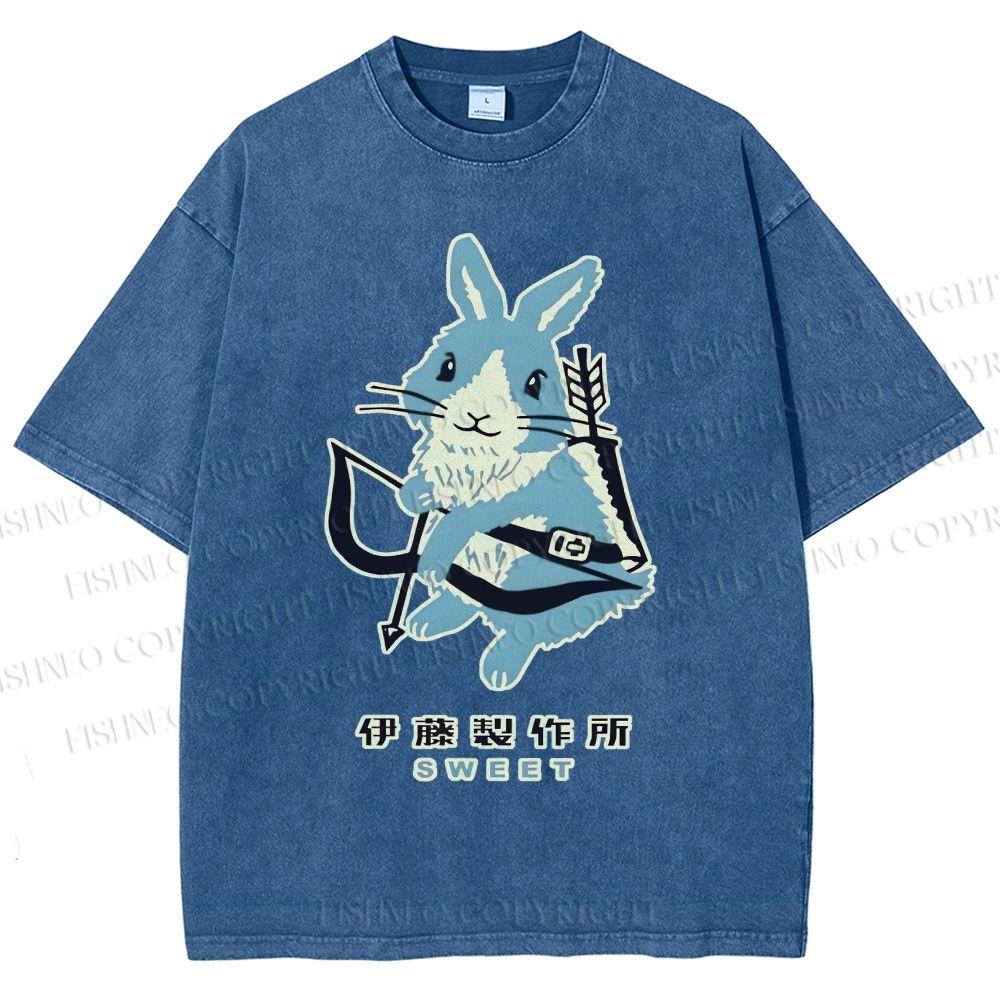 Unisex Japanese Rabbit Playing Bow and Arrow Printed Washed Tee