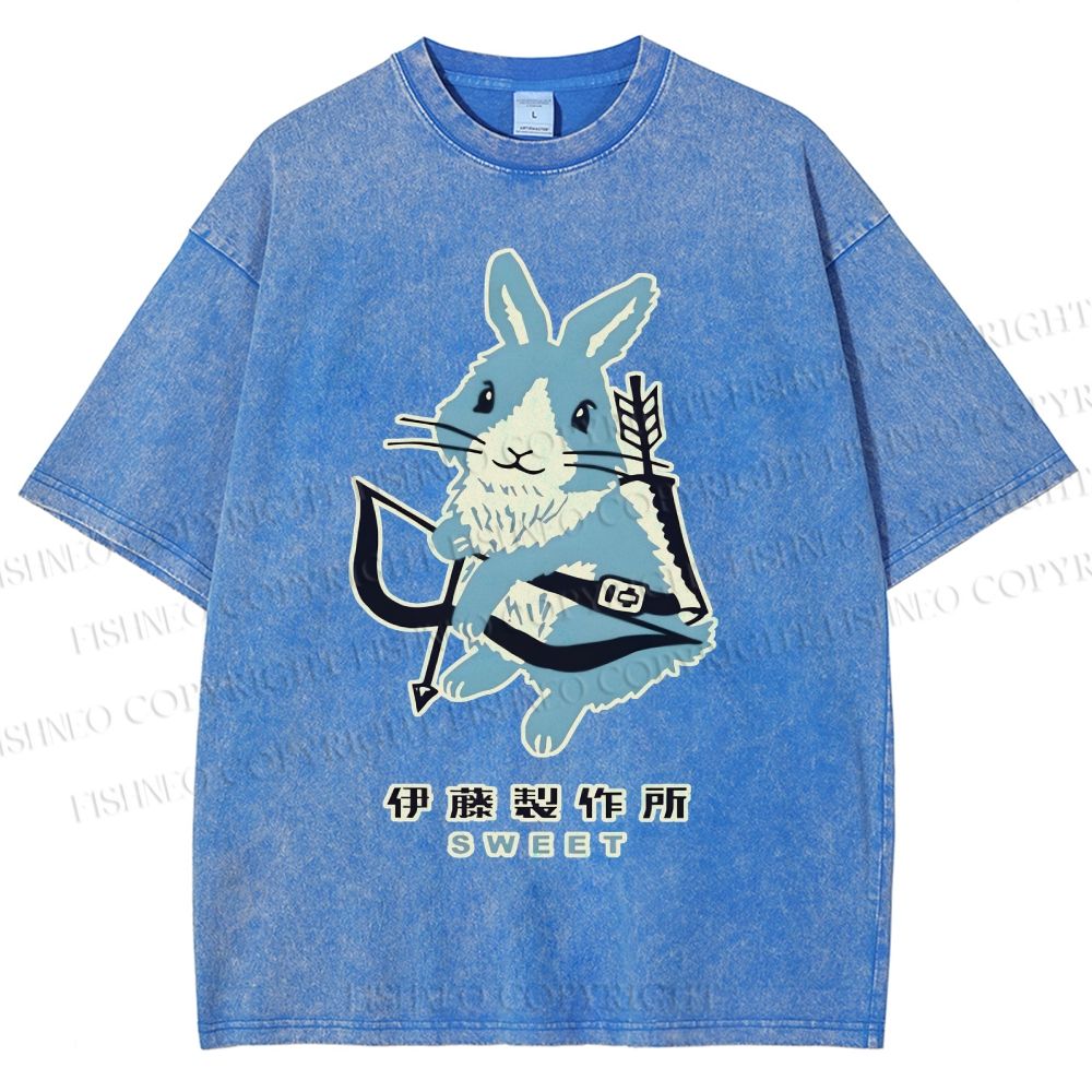 Unisex Japanese Rabbit Playing Bow and Arrow Printed Washed Tee