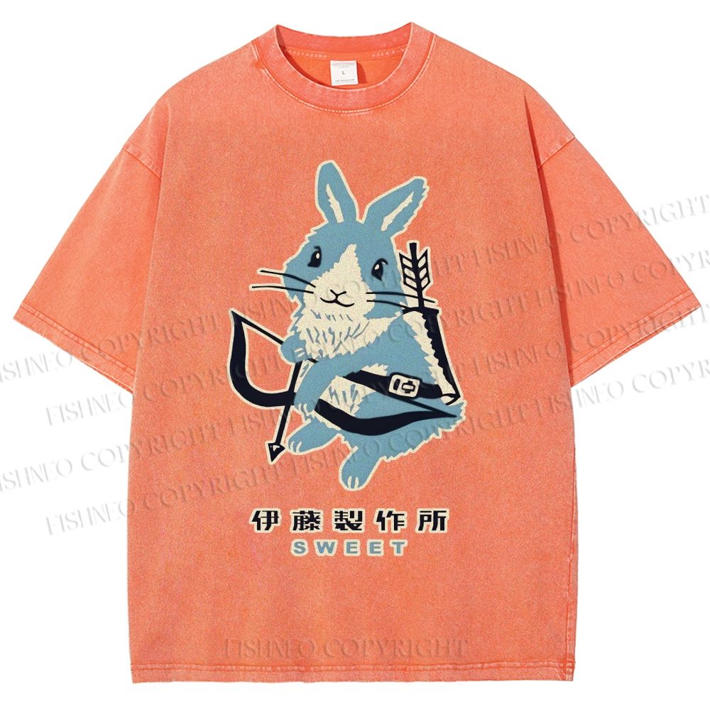 Unisex Japanese Rabbit Playing Bow and Arrow Printed Washed Tee